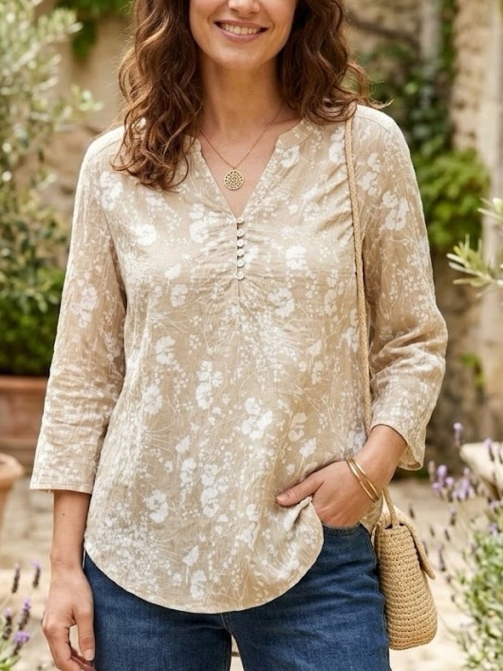 Como Blu Boho Floral Tunic Top M | Tan & White Neutral Cottagecore Peasant Chic
